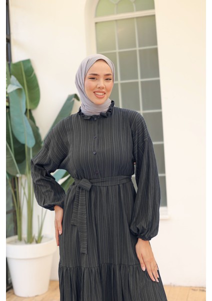 Vıoshıne Kadın Düğmeli Gömlek Yaka Kuşaklı Bürümcük Elbise fiyatları