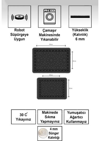Dekoratif Modern Tasarım Kaymaz Taban Yıkanabilir Set Takım Siyah Beyaz Banyo Paspası 50 x 60-60 x 90 cm indirimleri