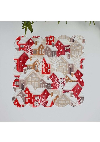 Kırmızı Yılbaşı Evleri Desenli Lazer Kesim Kumaş Kokteyl Peçetesi 1 Adet
