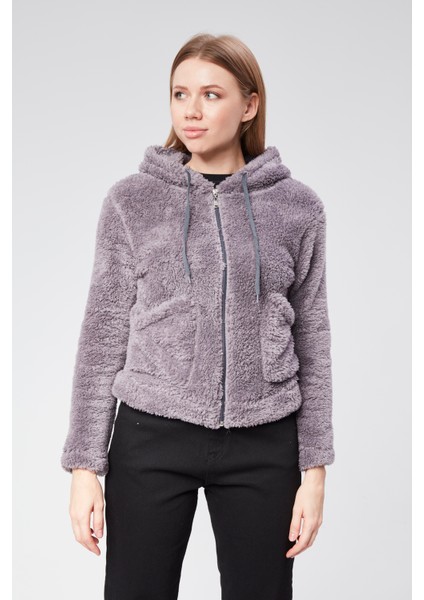 Vioshine Kadın Kapüşonlu Peluş Cepli Welsof Hırka Fermuarlı Ceketi