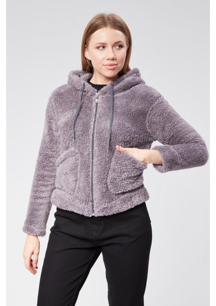 Vioshine Kadın Kapüşonlu Peluş Cepli Welsof Hırka Fermuarlı Ceketi fiyatları