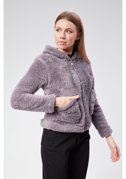 Vioshine Kadın Kapüşonlu Peluş Cepli Welsof Hırka Fermuarlı Ceketi fırsatları