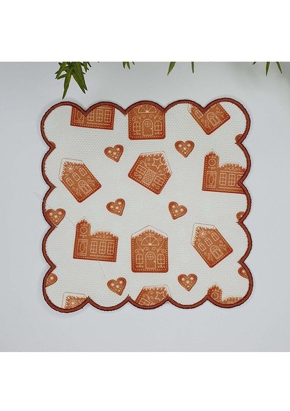 Yılbaşı Kurabiye Ev Desenli Nakış Kenar Kumaş Kokteyl Peçetesi 1 Adet