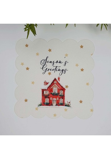 Sulu Boya Kırmızı Ev ve Slogan Tasarımlı Lazer Kesim Kumaş Kokteyl Peçetesi 1 Adet