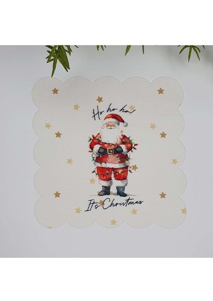 Sulu Boya Noel Baba ve Slogan Tasarımlı Lazer Kesim Kumaş Kokteyl Peçetesi 1 Adet