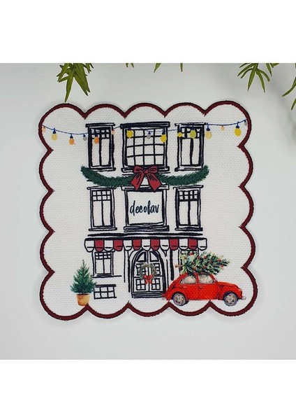 El Çizimi Yılbaşı Dükkan Temalı Nakış Kenar Kumaş Kokteyl Peçetesi 1 Adet