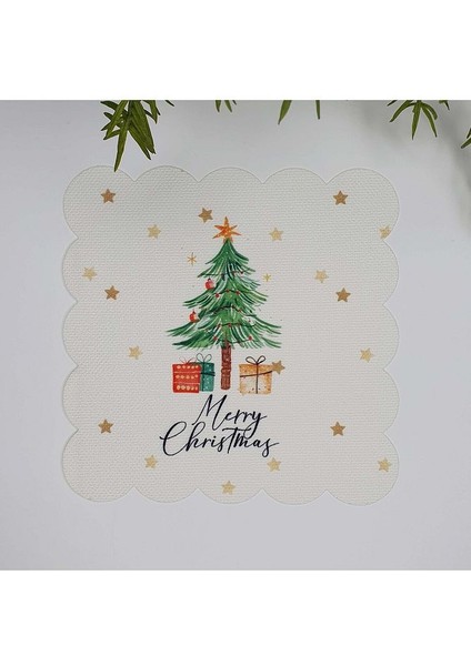 Sulu Boya Yılbaşı Ağacı ve Slogan Tasarım Lazer Kesim Kumaş Kokteyl Peçetesi 1 Adet