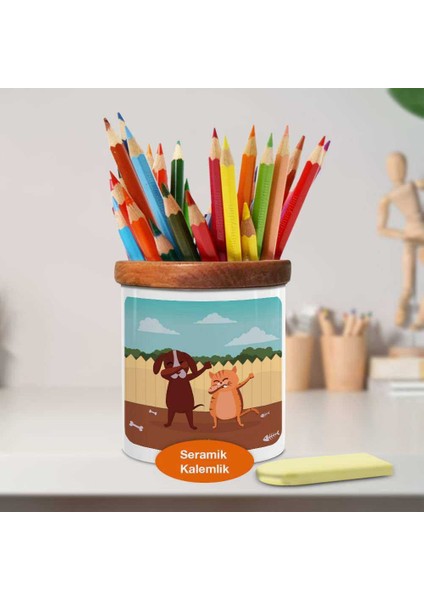 Dabbing Dansçı Kedi Köpek Ahşap Seramik Kalemlik - 2147853156