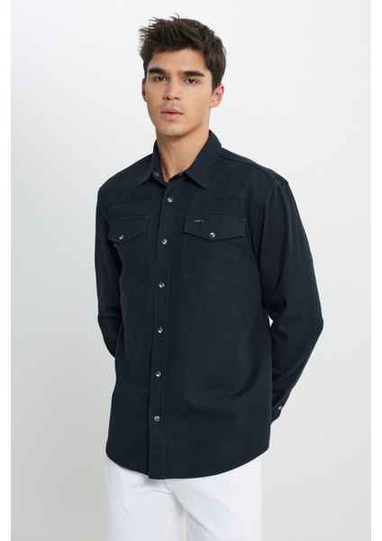 Relaxed Fit Geniş Kesim %100 Pamuk Cep Detaylı Antrasit Gömlek