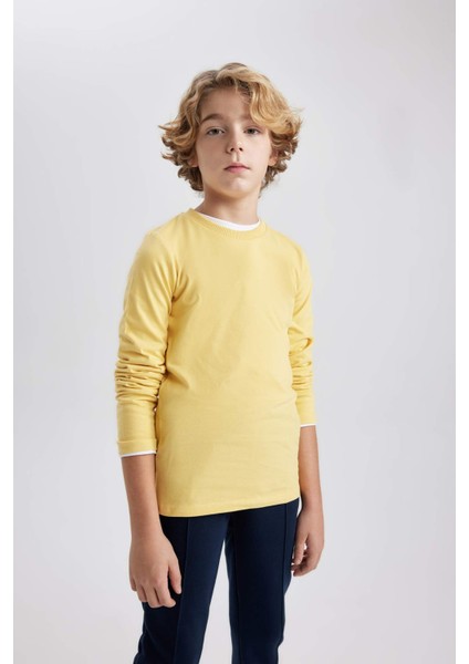 Erkek Çocuk Sarı Standart Fit Normal Kesim Bisiklet Yaka Basic Düz %100 Pamuk Uzun Kollu Tshirt B7771A8NS