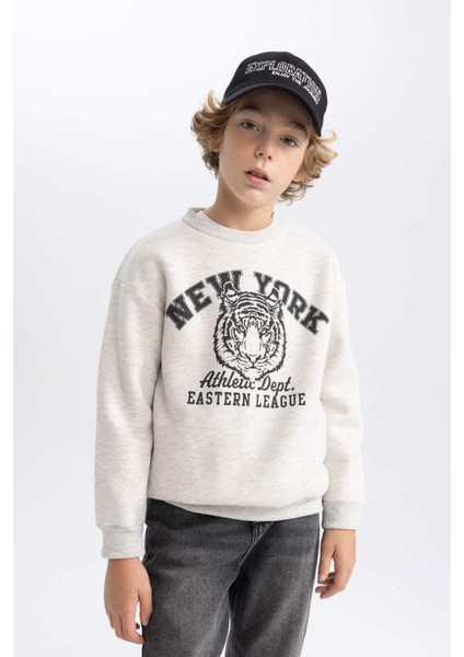 Erkek Çocuk Gri Regular Fit Düz Kesim Basic Düz Kapüşonlu Sweatshirt B7822A8NS