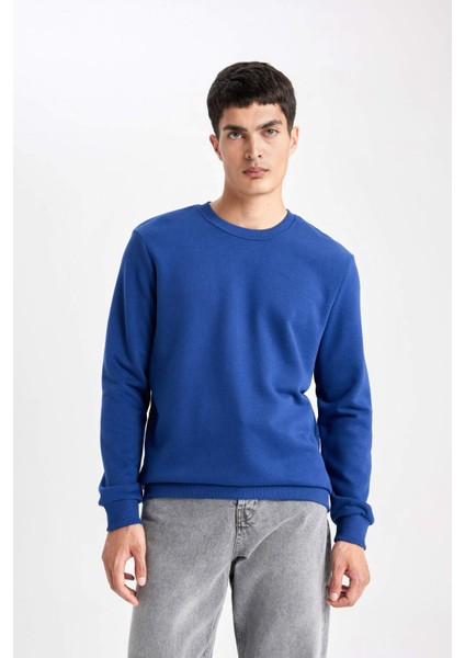 Erkek Mavi Oversize Fit Geniş Kesim Basic Düz Pamuklu Kapüşonlu Sweatshirt B7833AXNS
