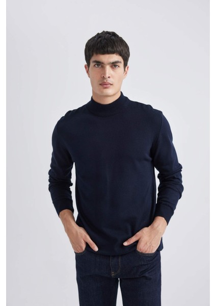 Erkek Koyu Mavi Slim Fit Dar Kesim Basic Düz Akrilik Kazak B7851AXNS