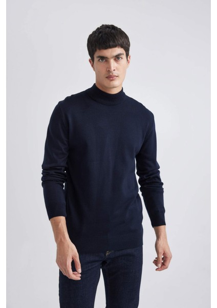 Erkek Koyu Mavi Slim Fit Dar Kesim Basic Düz Akrilik Kazak B7851AXNS
