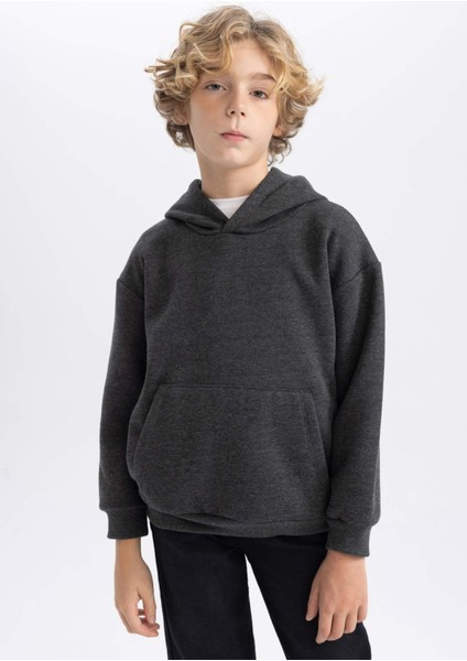 Erkek Çocuk Antrasit Regular Fit Düz Kesim Basic Düz Kapüşonlu Sweatshirt B7773A8NS