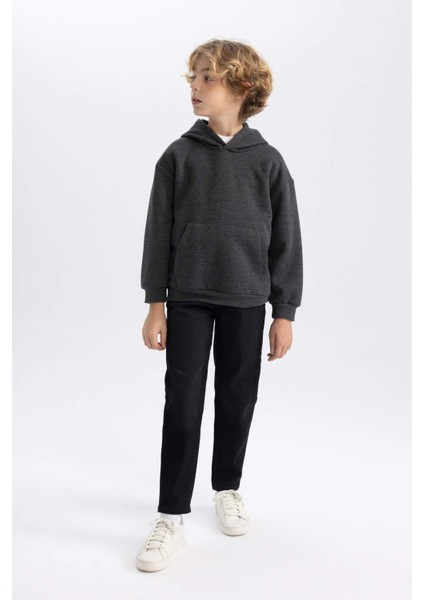 Erkek Çocuk Antrasit Regular Fit Düz Kesim Basic Düz Kapüşonlu Sweatshirt B7773A8NS