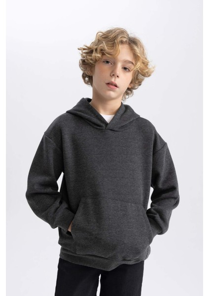 Erkek Çocuk Antrasit Regular Fit Düz Kesim Basic Düz Kapüşonlu Sweatshirt B7773A8NS