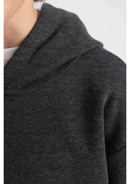 Erkek Çocuk Antrasit Regular Fit Düz Kesim Basic Düz Kapüşonlu Sweatshirt B7773A8NS