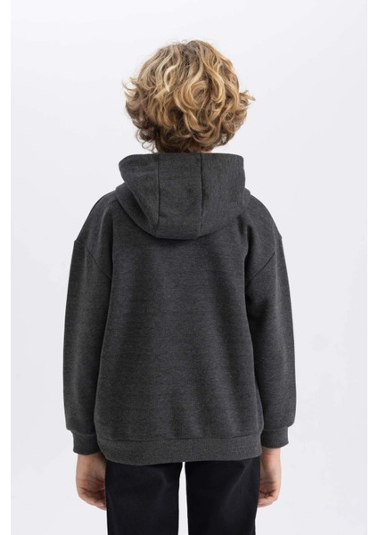 Erkek Çocuk Antrasit Regular Fit Düz Kesim Basic Düz Kapüşonlu Sweatshirt B7773A8NS