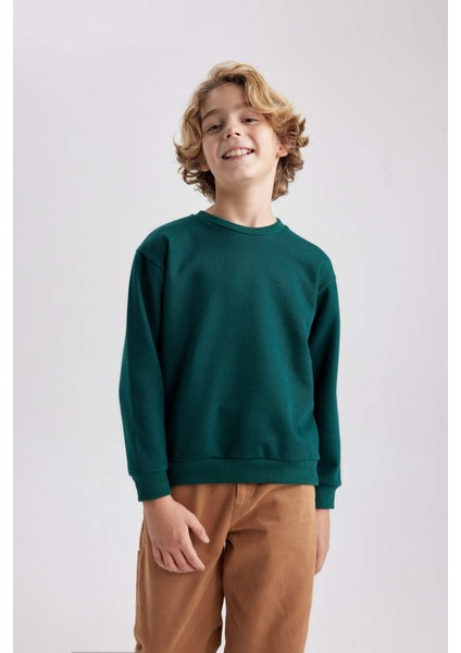 Erkek Çocuk Yeşil Regular Fit Düz Kesim Basic Düz Kapüşonlu Sweatshirt B7772A8NS