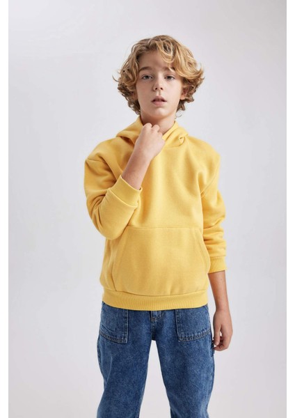Erkek Çocuk Sarı Regular Fit Düz Kesim Basic Düz Kapüşonlu Sweatshirt B7773A8NS modelleri