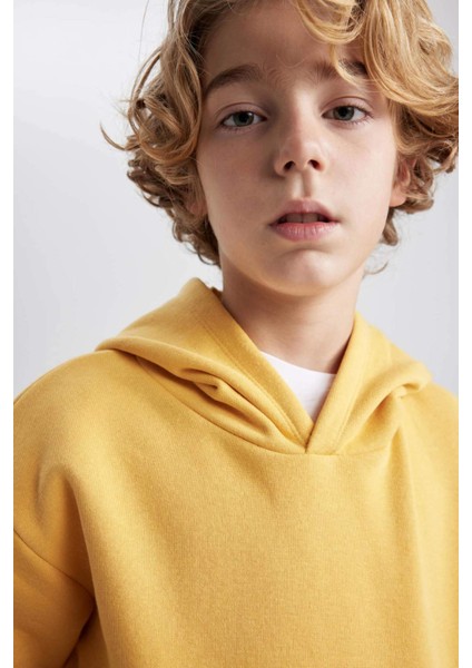 Erkek Çocuk Sarı Regular Fit Düz Kesim Basic Düz Kapüşonlu Sweatshirt B7773A8NS fırsatları