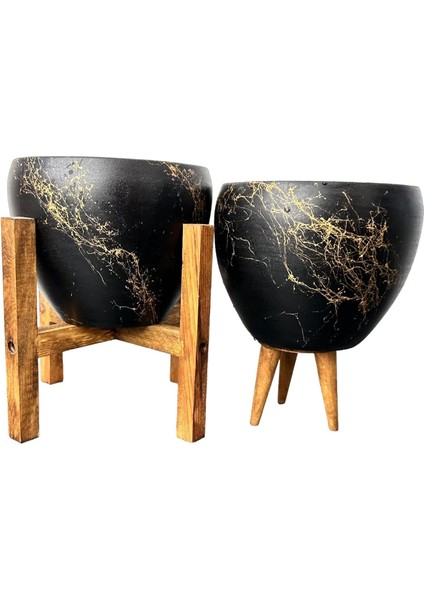 Tasarımı Ev Dekorasyon Siyah Üzeri Gold Mermer Efektli Toprak Saksı Saksılık Salon Çiçeklik Ikili Set 3 Ayaklı- 4 Ayaklı- 15 cm