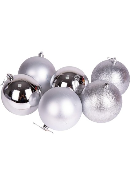 Yılbaşı Topu Simli Mat Parlak 6'lı Set Gümüş 10 cm .