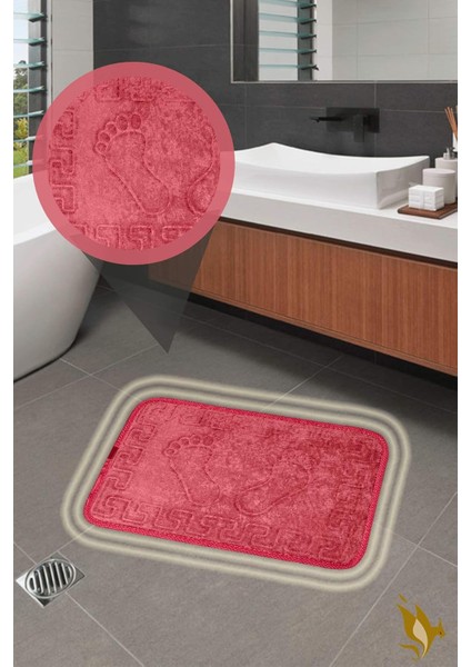 Kaymaz Tabanlı Ayak Izli Banyo Paspası Halısı 60 x 40 cm Pembe