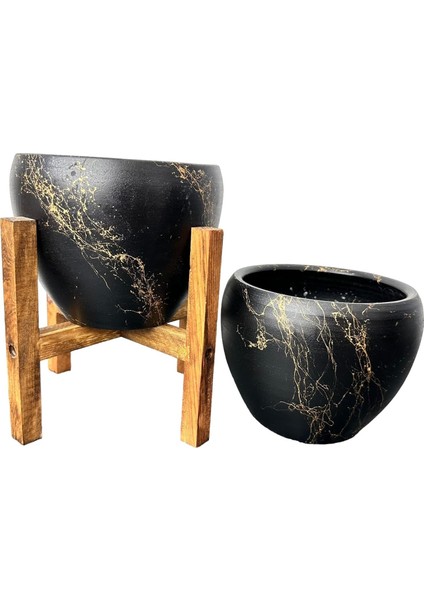 Tasarımı Ev Dekorasyon Siyah Üzeri Gold Mermer Efektli Toprak Saksı Saksılık Salon Çiçeklik Ikili Set Ayaksız - 4 Ayaklı- 15 cm