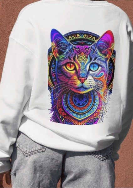 Unisex Kedi Temalı Bisiklet Yaka Sweatshırt