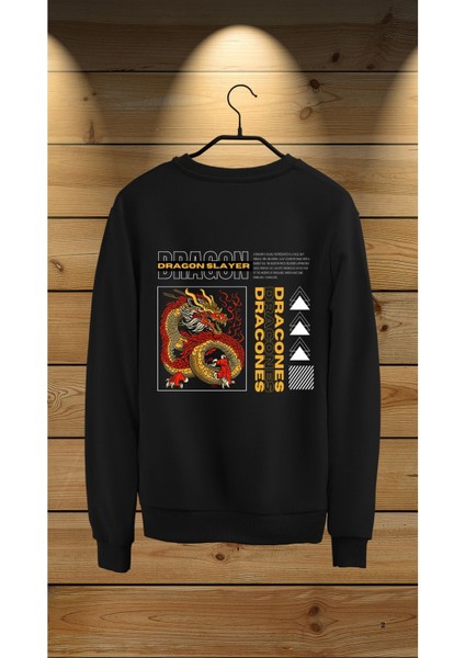 Sırt Baskılı Siyah Bisiklet Yaka Sweatshirt
