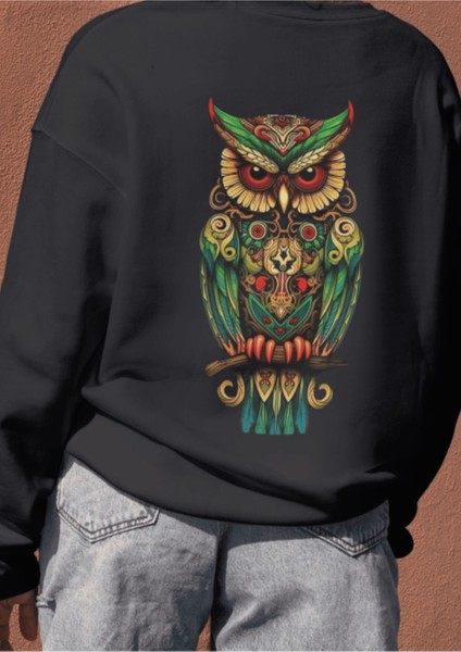 Baykuş Temalı Bisiklet Yaka Sweatshırt