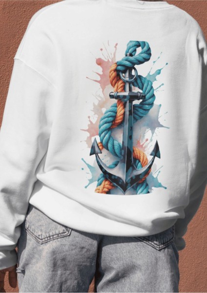 Sırt Baskılı Unisex Beyaz Sweatshırt