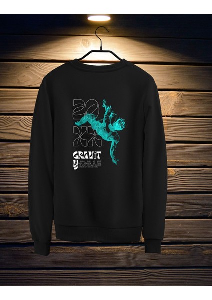 Sırt Baskılı Siyah Bisiklet Yaka Sweatshirt