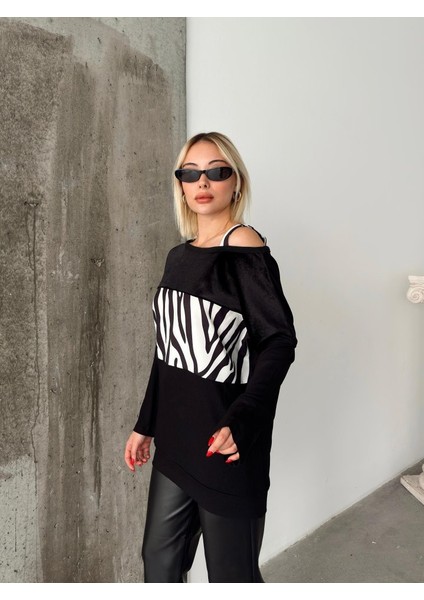 Kadın Kadife Kumaş Zebra Desenli Omuz Detay Uzun Kollu Bluz