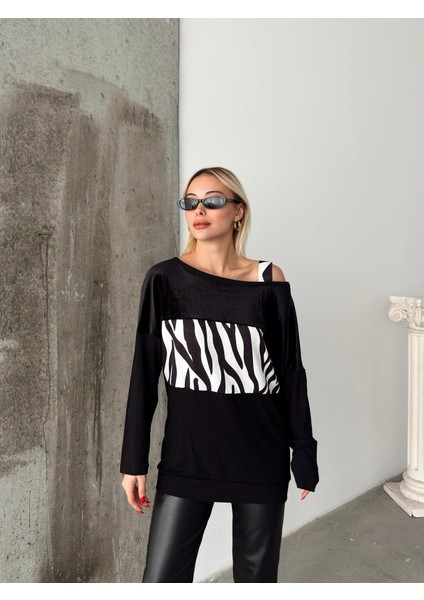 Kadın Kadife Kumaş Zebra Desenli Omuz Detay Uzun Kollu Bluz
