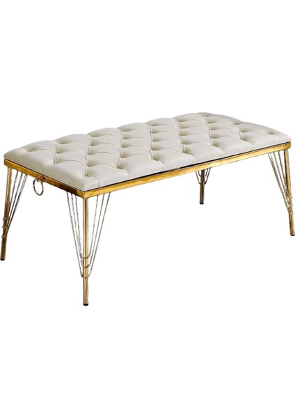 Melisa Kapitoneli Bench Puf, Krem, Metal Gold Ayak