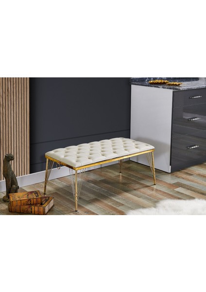 Melisa Kapitoneli Bench Puf, Krem, Metal Gold Ayak