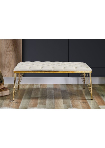 Melisa Kapitoneli Bench Puf, Krem, Metal Gold Ayak
