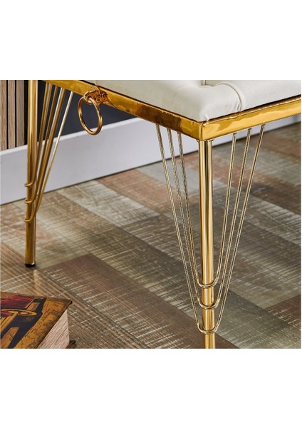 Melisa Kapitoneli Bench Puf, Krem, Metal Gold Ayak