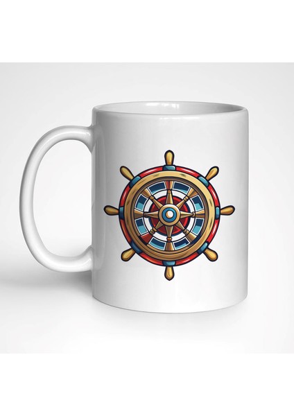 # Ahşap Gemi Dümeni Temalı 4 Adet Beyaz Kupa Bardak Seti , Mug, Marin, Deniz, Sailing