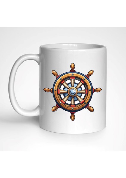 # Ahşap Gemi Dümeni Temalı 4 Adet Beyaz Kupa Bardak Seti , Mug, Marin, Deniz, Sailing