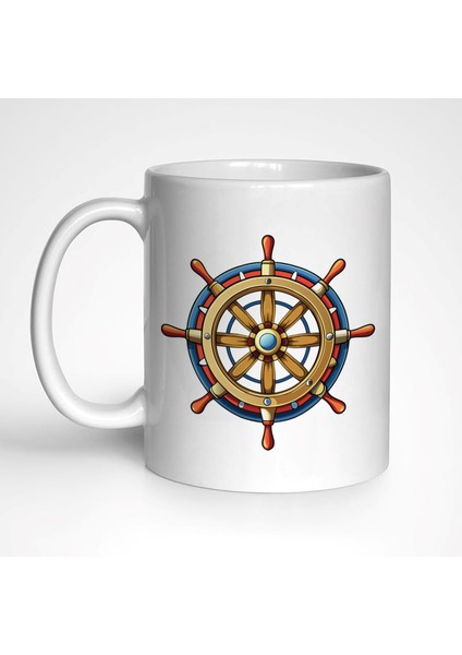 # Ahşap Gemi Dümeni Temalı 4 Adet Beyaz Kupa Bardak Seti , Mug, Marin, Deniz, Sailing