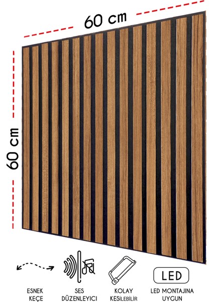 Mdf Ahşap Akustik Duvar Paneli 60 x 60 cm - Teak