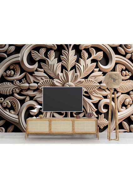 3 Boyutlu Çiçek Figürlü Ağaç Oyma Desenli Duvar Kağıdı modelleri