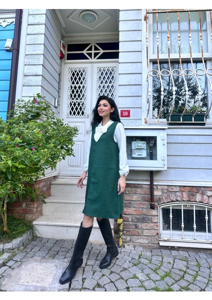 Yeşil Renk Kısa Kaşe V Yaka Jile Elbise fiyatları