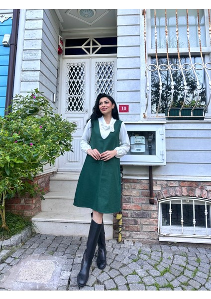 Yeşil Renk Kısa Kaşe V Yaka Jile Elbise modelleri