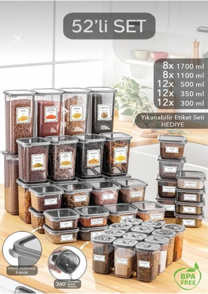 52 Parça Mega Seti Kare Erzak ve Bakliyat Saklama Kabı Baharatlık 12X(300ML 500ML) 8X(1100ML 1700ML)