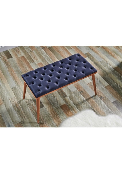 Begonya Kapitoneli Bench Puf, Lacivert, Ahşap Ayak